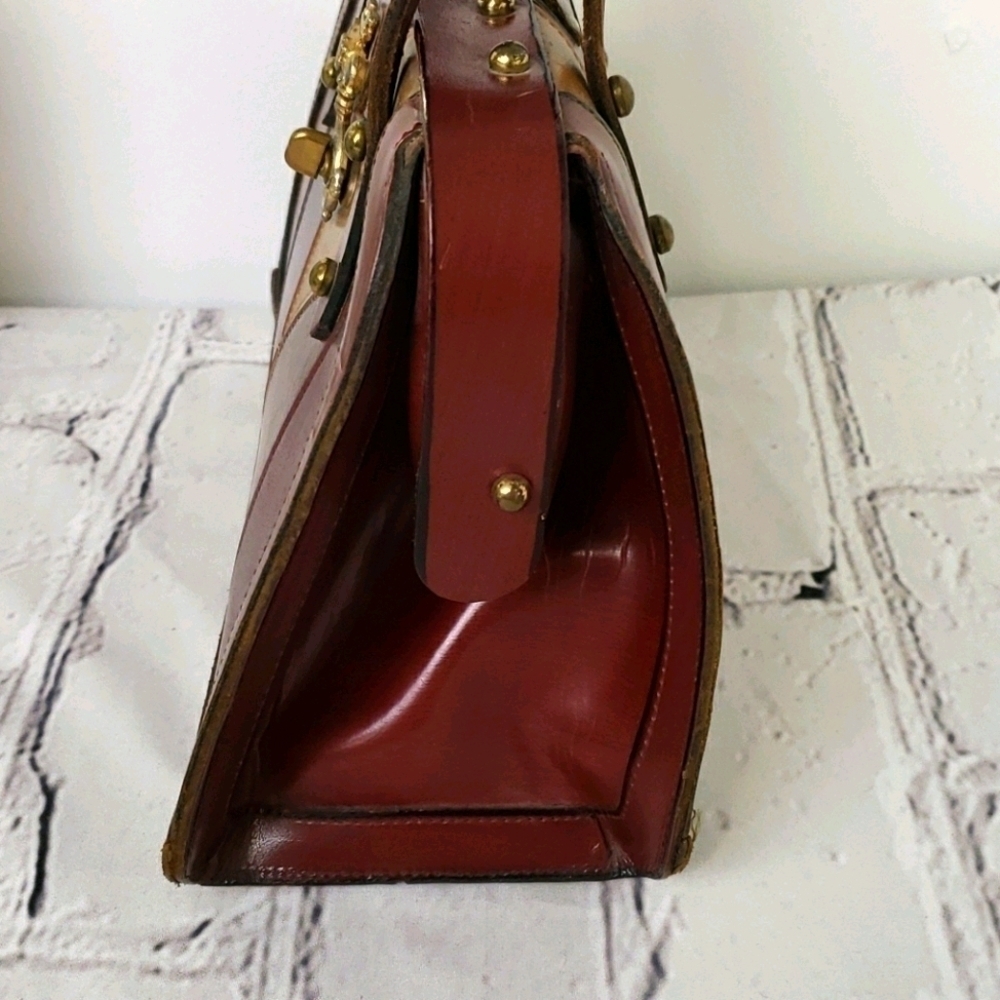 Vintage Leather Patched Satchel Handbag Browns Mid Century - Picture 3 of 16